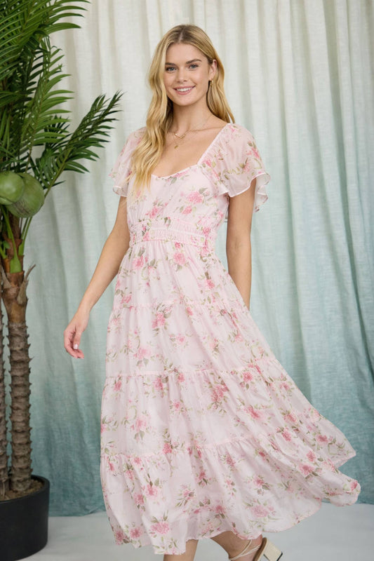Floral Chiffon Flounce Sleeve Midi Dress