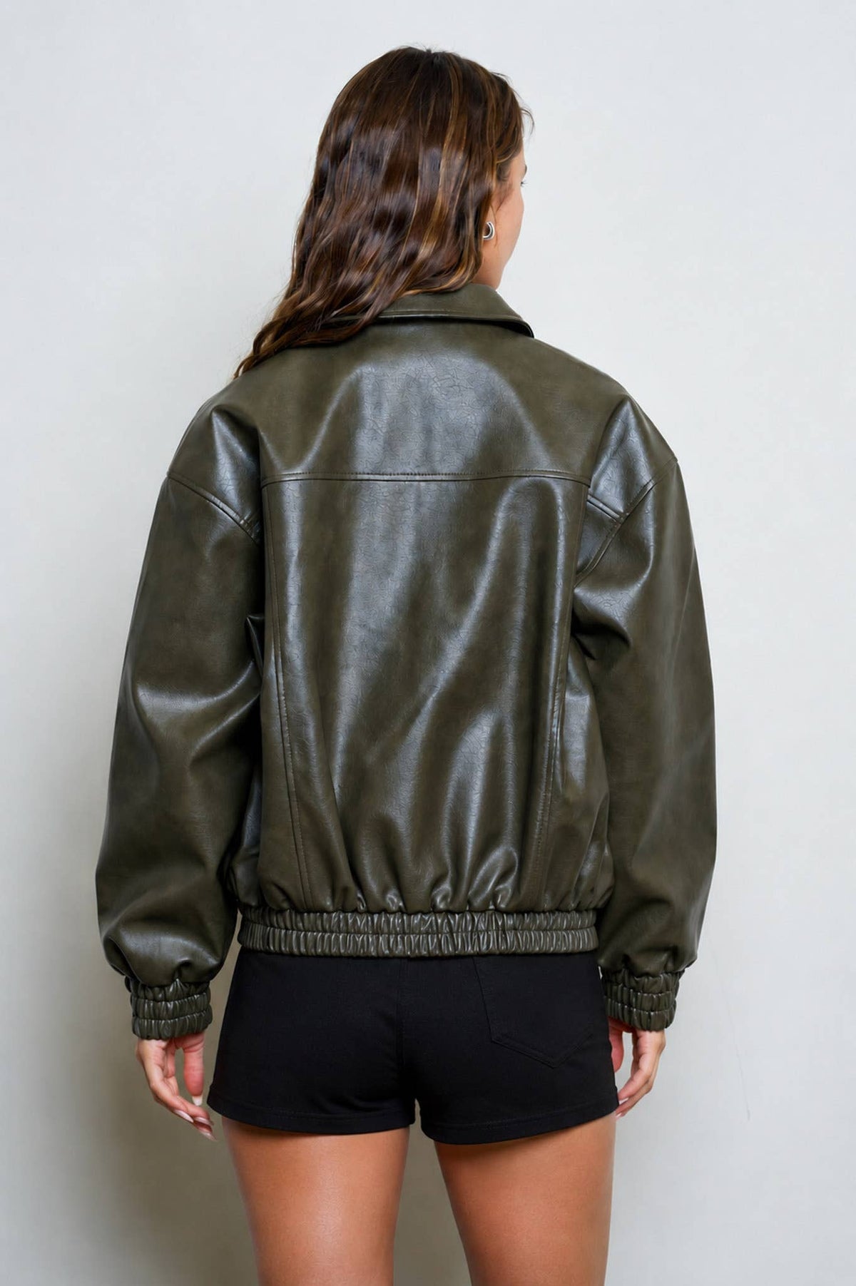 FAUX LEATHER COLLARED ZIP-UP BOMBER JACKET