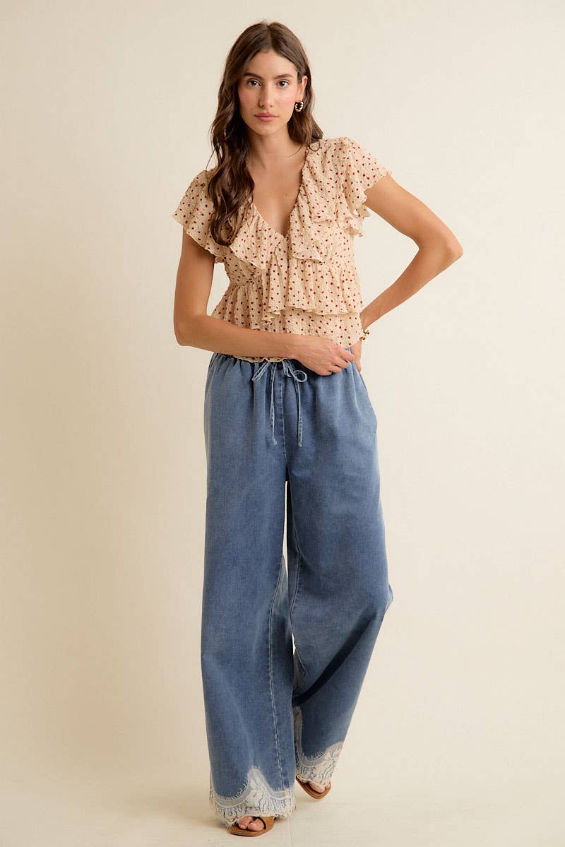LACE TRIM WIDE LEG ELASTIC MID RISE DENIM PANTS